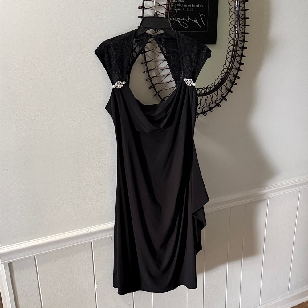 R&M Richards Black Backless Dress with Lace Accents